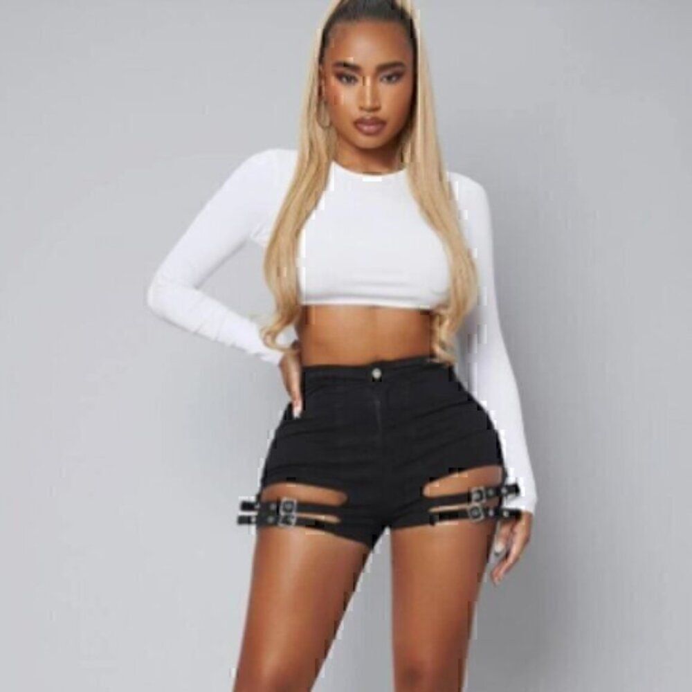 Shein High-waisted Double Silver Buckle Black Cutout Retro Shorts 28